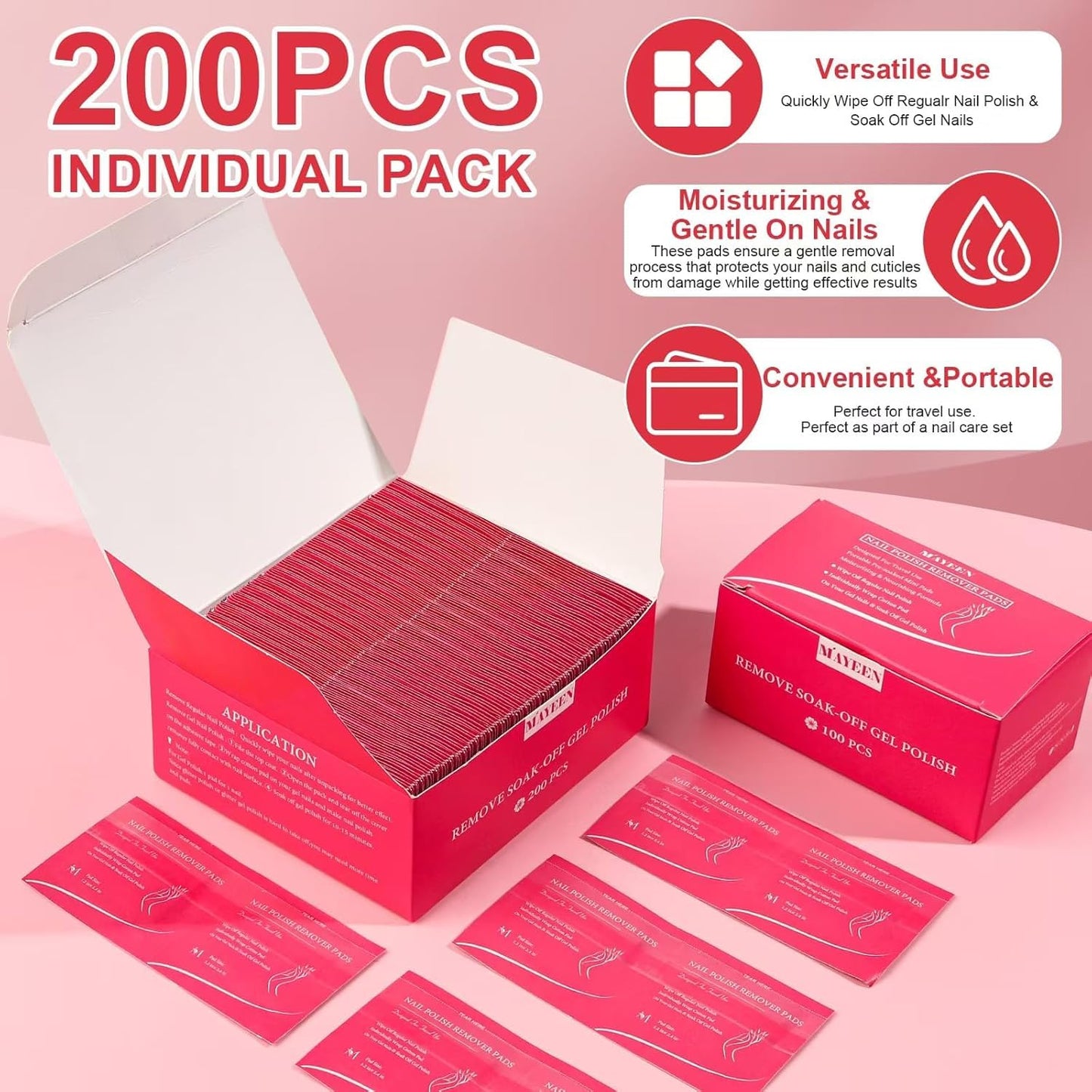 MAYEEN Nail Polish Remover Pads 200 Pack Quickly Remove Nail Polish Wipes Individually Wrapped Acetone Gel Nail Polish Remover Pads For Gel & Acrylic Nails Moisturizing & Gentle Travel Pad