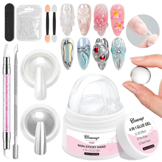 Solid Builder Gel and Chrome Nail Powder Kit BISHENGYF: 4 In 1 No Wipe 3d Sculpting Nail Gel Silver Aurora White Pearl Chrome Nail Powder Clear Non-Sticky Hand Extension Glue for Nail Decoration 30g