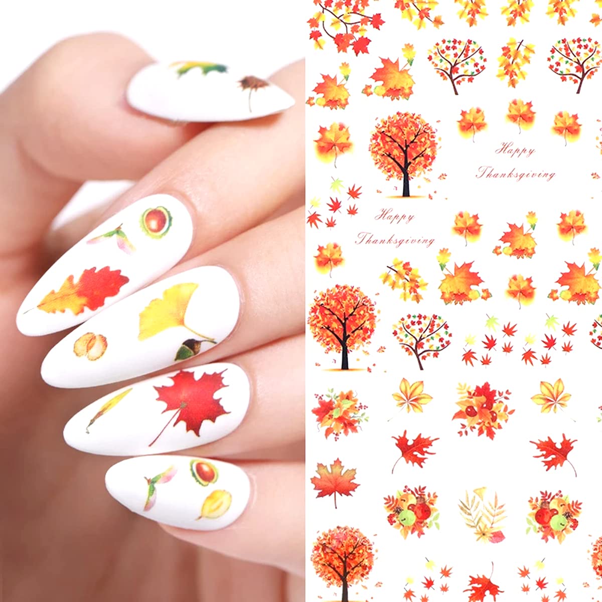 12 Sheets Fall Nail Art Stickers Thanksgiving Nail Decals Water Transfer Foils Maple Leaf Pumpkin Turkey Autumn Nail Stickers for Women Girls Kids DIY Fingernail Toenail Decoration Manicure