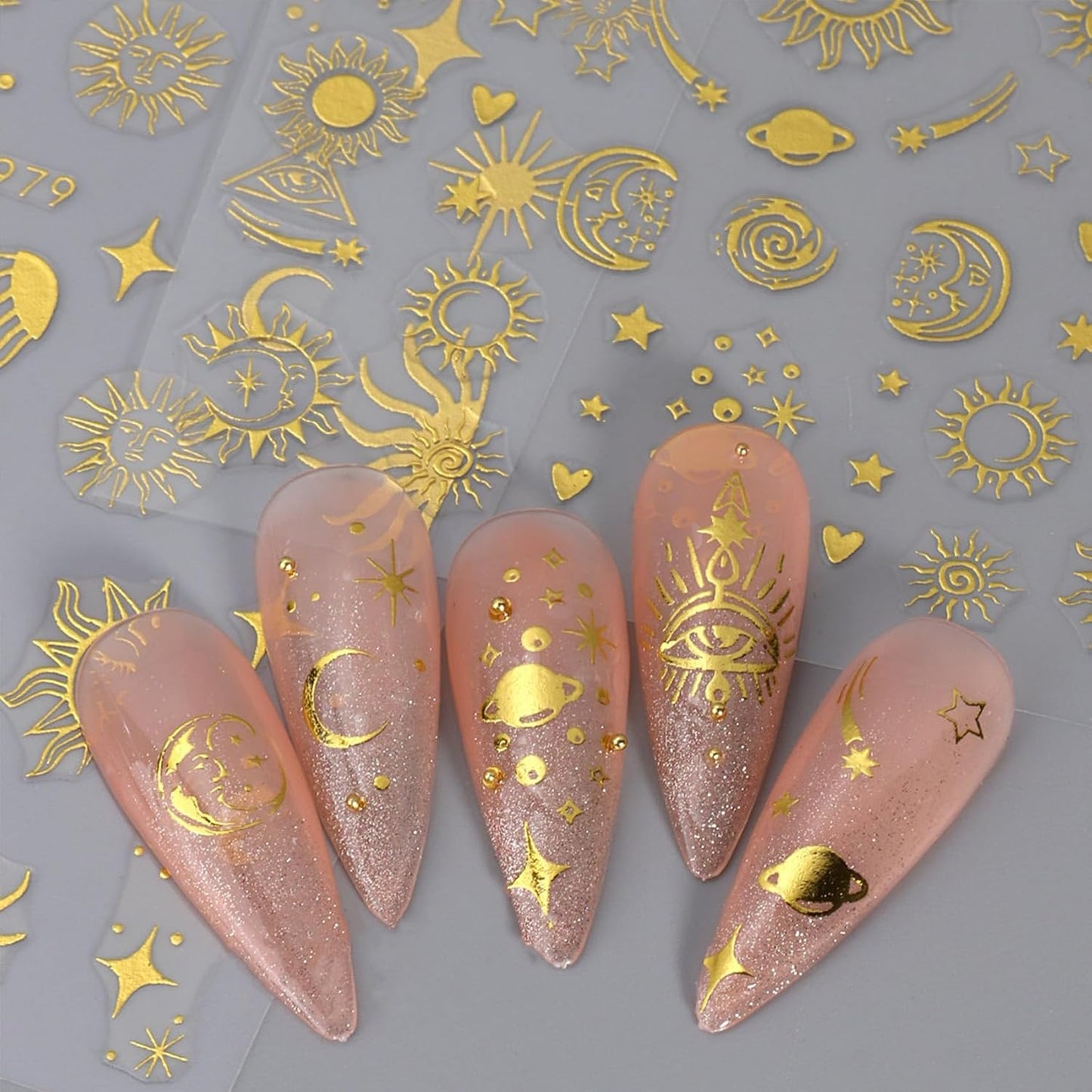 8 Sheets Gold Sun Nail Art Stickers - Sliver Moon Star Self-Adhesive 3D Nail Decals for DIY Golden Slivery Manicure