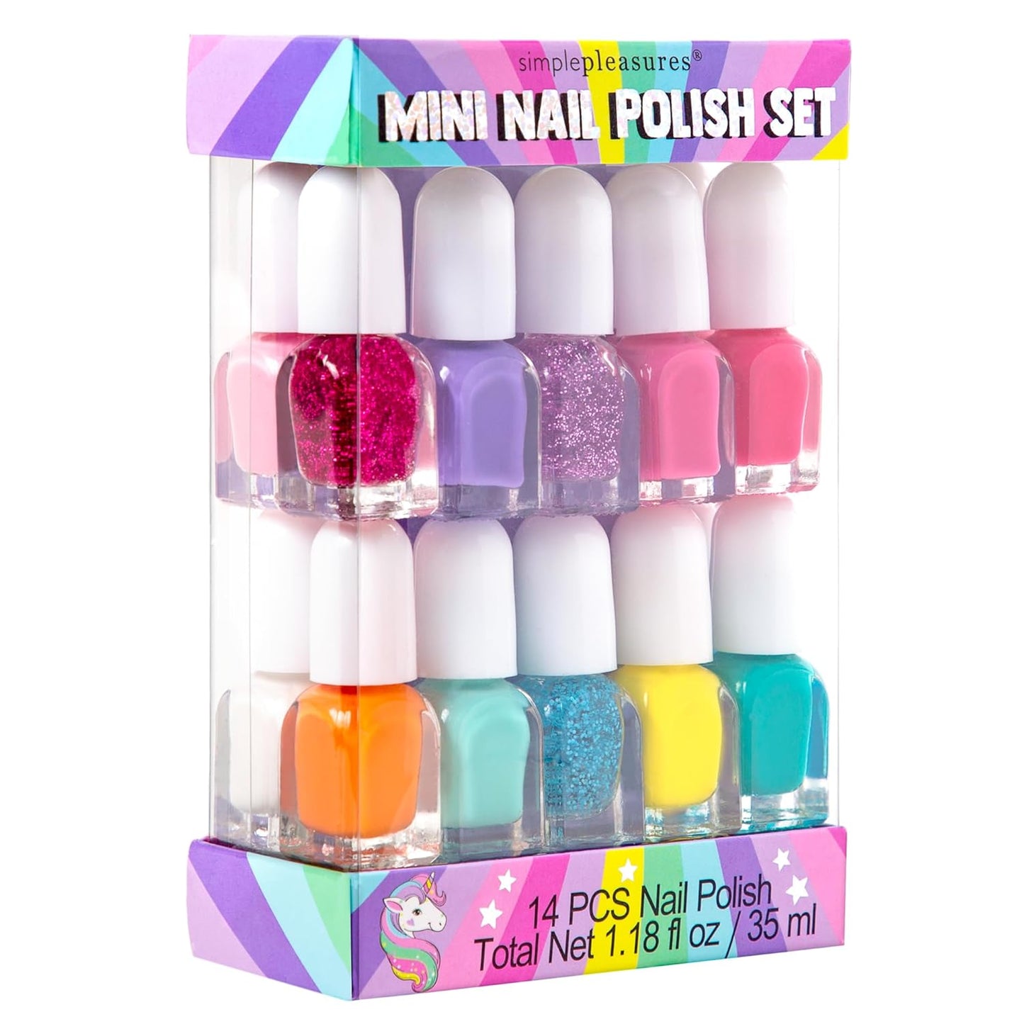 SIMPLE PLEASURES Unicorn Rainbow Kids Nail Polish Set for Girls – 14 Water-Based Non -Toxic Nail Art Kit - Gift Set for Ages 7-12