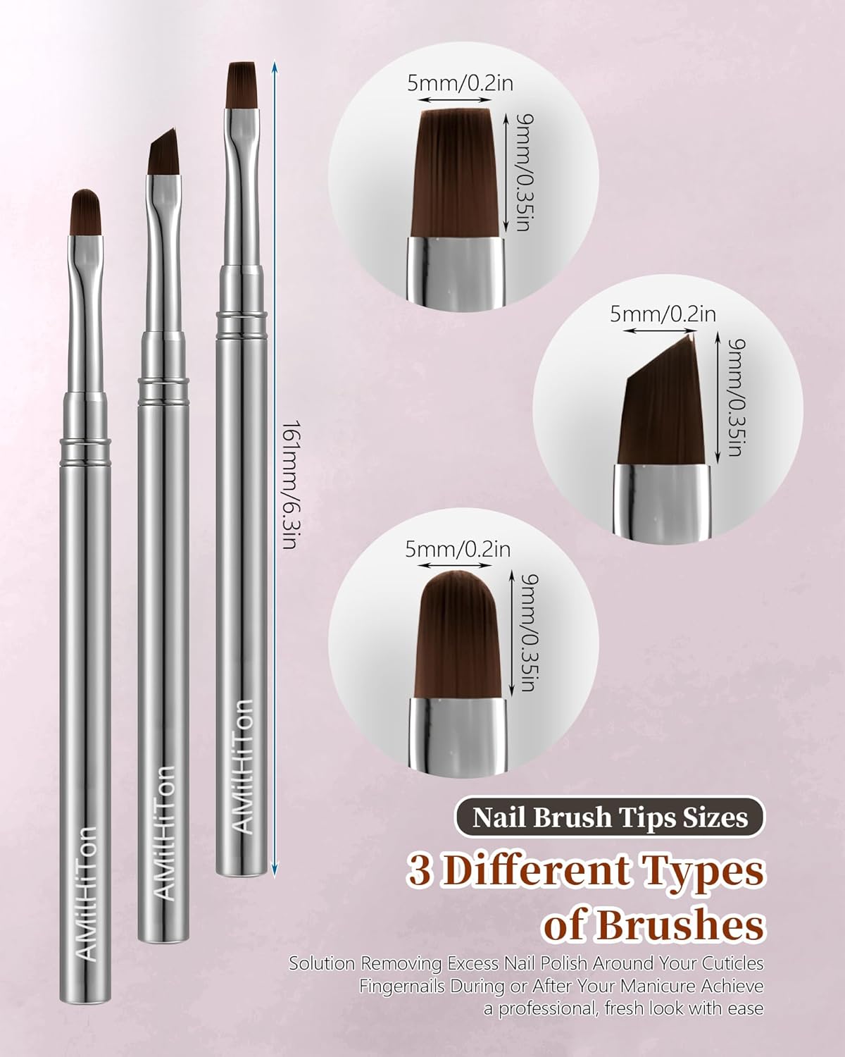 3PCS Brush for OPI Nail Polish Remover, AMilHiTon Nails Clean Up Brushes, Round/Angled/flat Acetone Resistant Nail Art Designs, and Tidying Up Polish Mishaps on Cuticles（Gun Color）