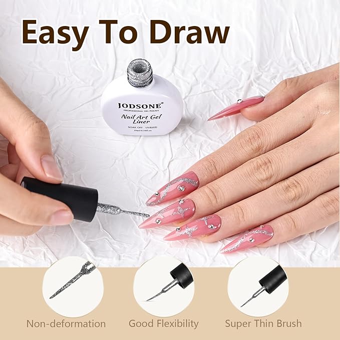 JODSONE 10ml Nail Art Gel Liner Glitter Gold Sliver Gel Nail polish Need U V Lamp Cured with Thin Brush at Home DIY Gift for Girls