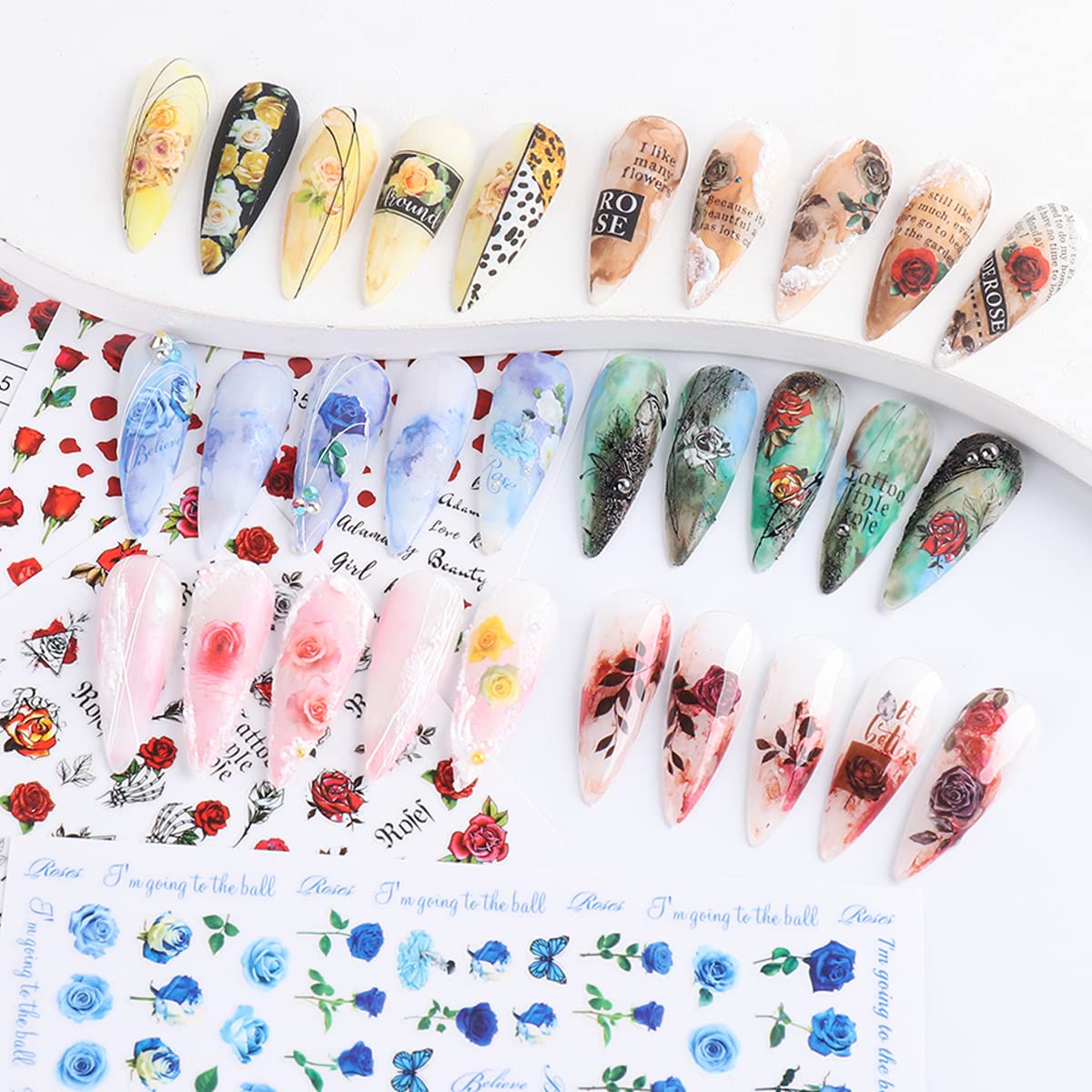 6 Sheets Flower Nail Art Stickers 3D Blue Pink Red Rose Nail Decals Spring Summer Nail Art Supplies Leopard Snake Leaf Butterfly Floral Nail Designs Supply Nail Stickers for Acrylic Nails Decor