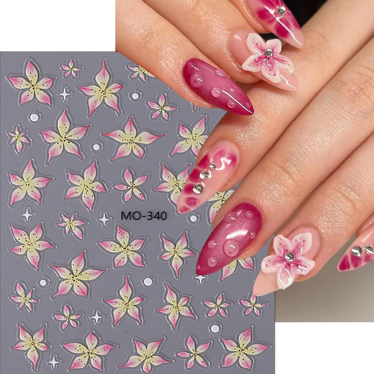 3 Sheets Flower Nail Decals, Lily Nail Stickers, 3D Self-Adhesive Nail Design Stickers for Woman Daily Festival DIY Pink Purple Green Floral Manicure Decoration Supplies