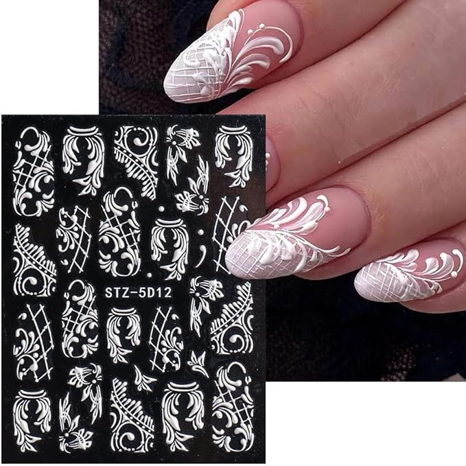 Flower Nail Stickers - 5D White Flowers Nail Art Decals Self-Adhesive Embossed Floral Rose Nail Art Supplies French Nail Designs DIY Wedding Manicure Decorations for Women Girls - 4 Sheets