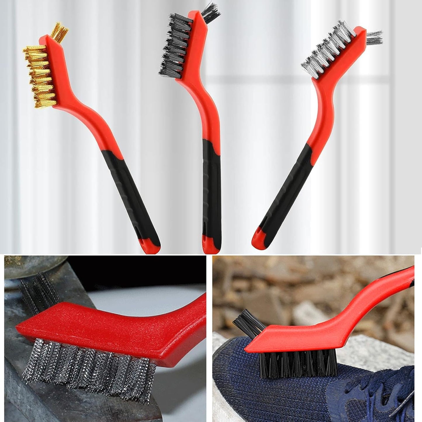 Wire Brush 3Pcs Metal Scrubber - Nylon/Brass/Stainless Steel Bristles with Curved Handle Grip for Cleaning Rust Removal, Dirt, Paint Scrubbing with Deep Cleaning – 7 Inches