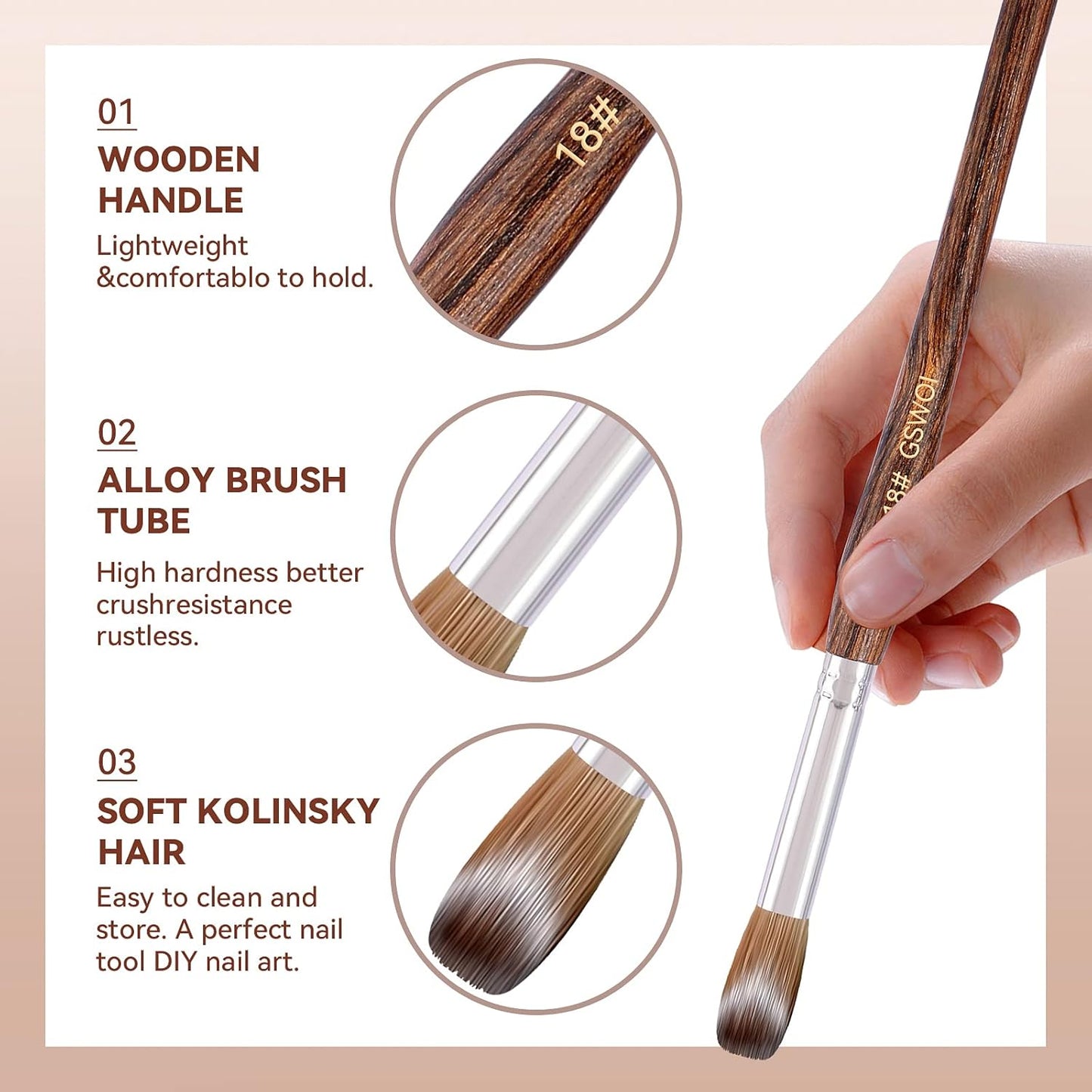 100% Kolinsky Acrylic Nail Brush,GSWOI Acrylic Brushes for Nails Size 18 Wood Handle Application Extension,Nail Tools for Professional Manicure Salon DIY at Home (#18)