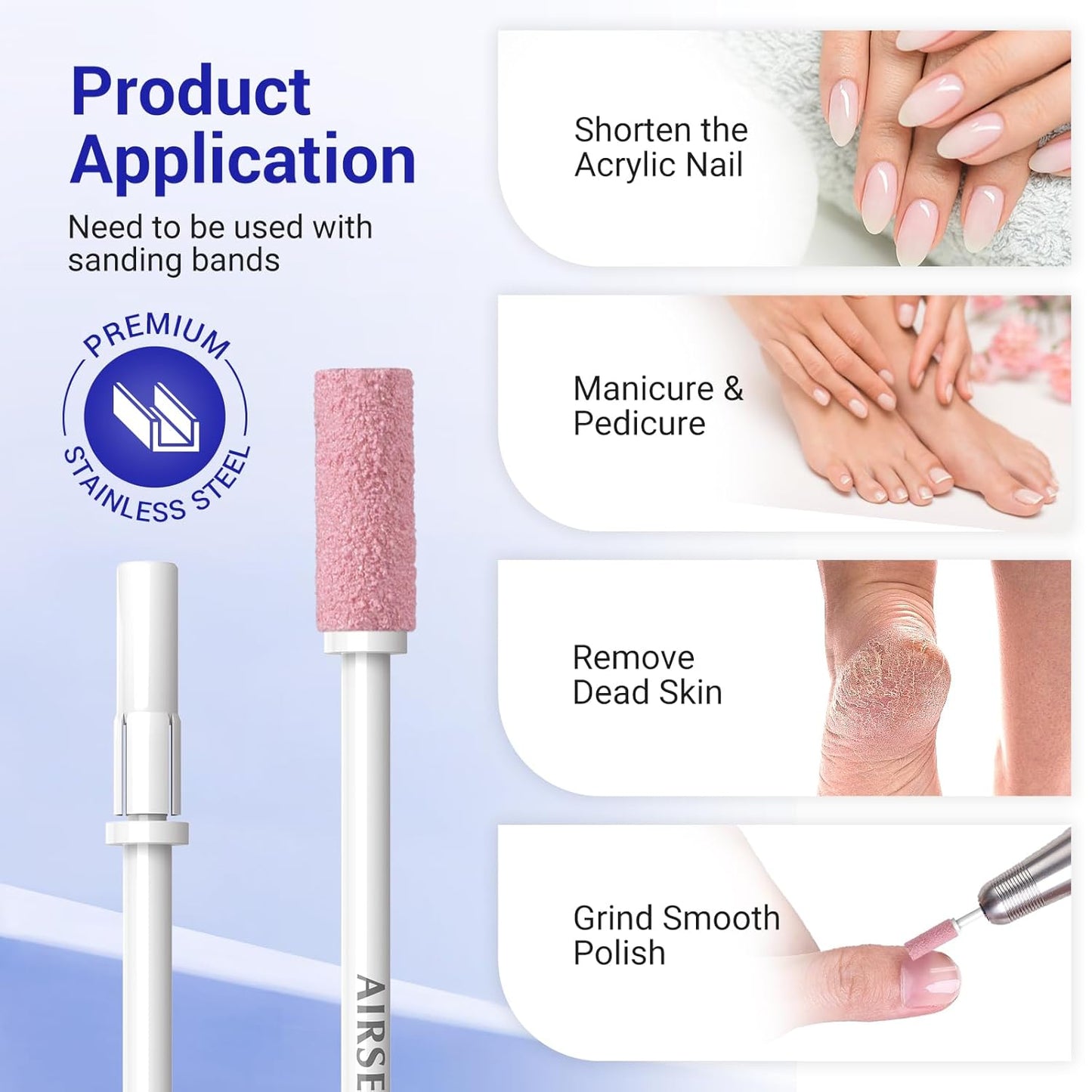 AIRSEE 3.1mm Small Nail Drill Mandrel Bits for Mini Efile Sanding Bands, Stainless Steel Professional Electric Head Clean Remove Cuticle Removing, Acrylic Manicure Sander Safety (White)