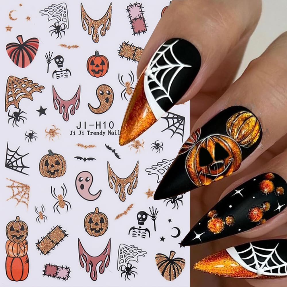 Halloween Nail Stickers for Nail Art, 3D Self-Adhesive Halloween Nail Decals Nail Art Supplies 6PCS Glitter Pumpkin Spider Web French Tip Cute Design Holiday Sticker for Women DIY Manicure Decorations