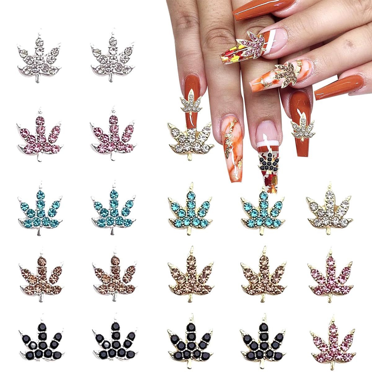 20 Pcs Fall Maple Leaf Nail Charms - Colorful 3D Alloy Crystal Maple Leaves Nail Rhinestones Mix Luxury Jewelry Gems for Women DIY Manicure