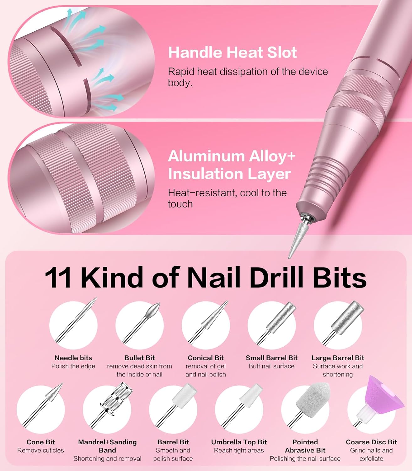 Professional Electric Cordless Nail Drill File with 11 Nail Drill Bits, 35000RPM DIY Glitter e Filer for Nails Kit Machine for Acrylic Nails Gel Polishing for Manicure Salon Home