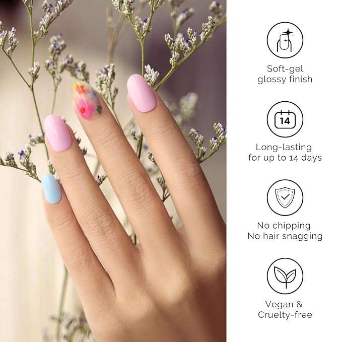Semi Cured Gel Nail Strips - NAILOG 34 Pcs Floral Gel Nail Stickers Clear Extra Long Nail Wraps with Glossy Gel Finishing for Spring Summer, Petal Dance