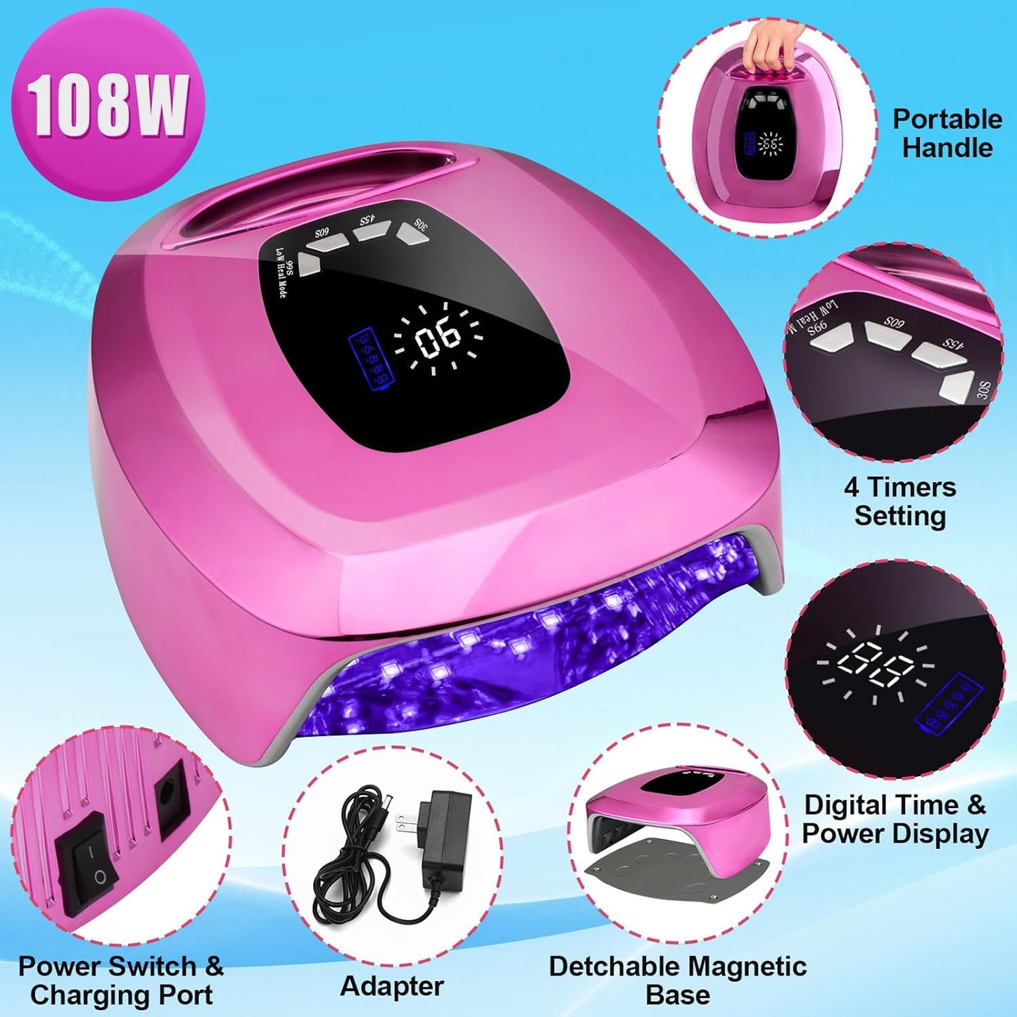 UV LED Nail Lamp Dryers Cordless 108W Rechargeable Portable UV Light for Gel Nails Polish Kit,Fast Curing Poly Builder Gel Lamp with Sensor Metal Base 4 Timer 35 LEDs,Professional Manicure Art Tools