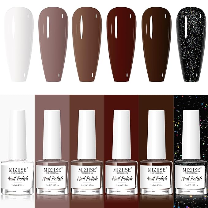 MIZHSE Quick Dry Brown Nail Polish, 6 Colors White Khaki Glitter Fall Winter Nail Polish Set Coffee Chocolate Collection Nail Lacquer Manicure DIY Nail Art Salon Home Gift for Women Girl