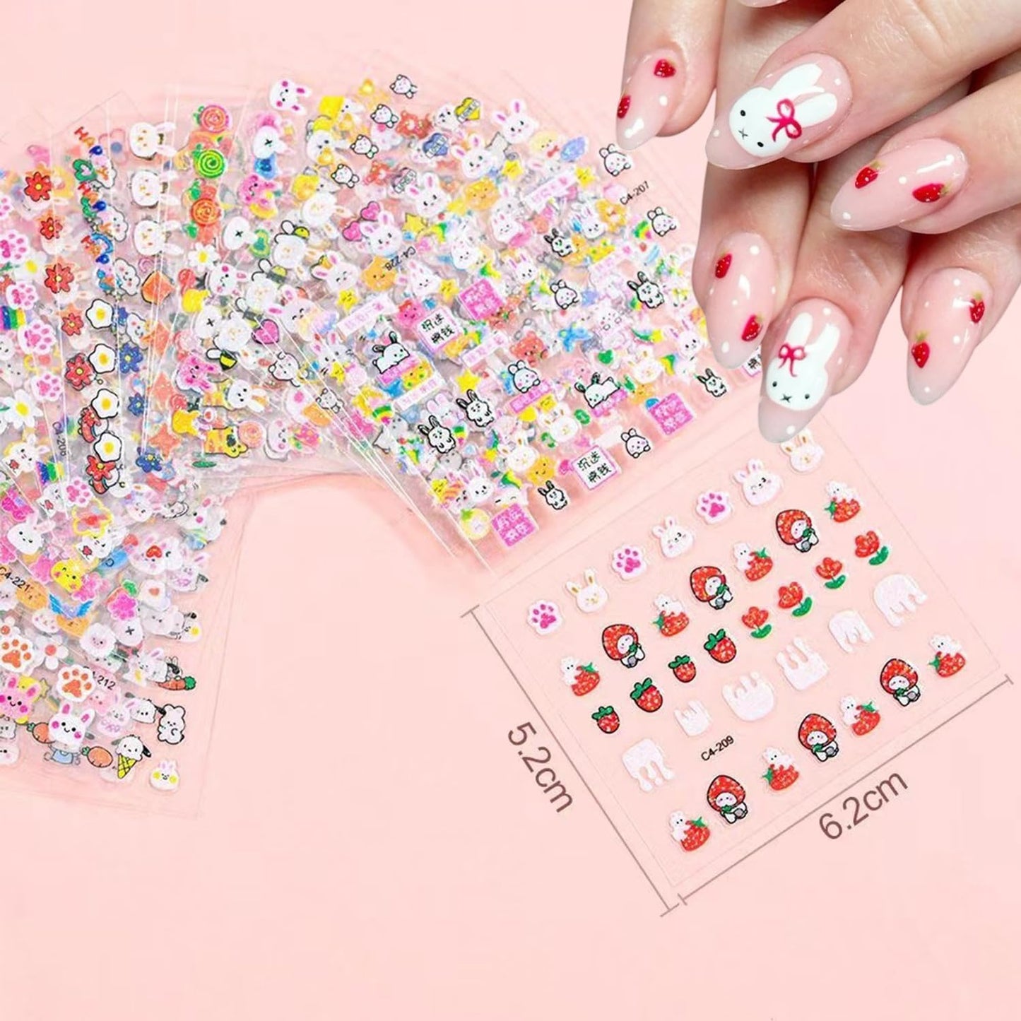 30 Sheets Cute Bunny Nail Art Stickers Set Easter Nail Sticker 3D Cats Paw Design Stickers Self-Adhesive Cartoon Nail Supplies Rabbit Cherry Cat Claw Nail Decorations for Women Girl