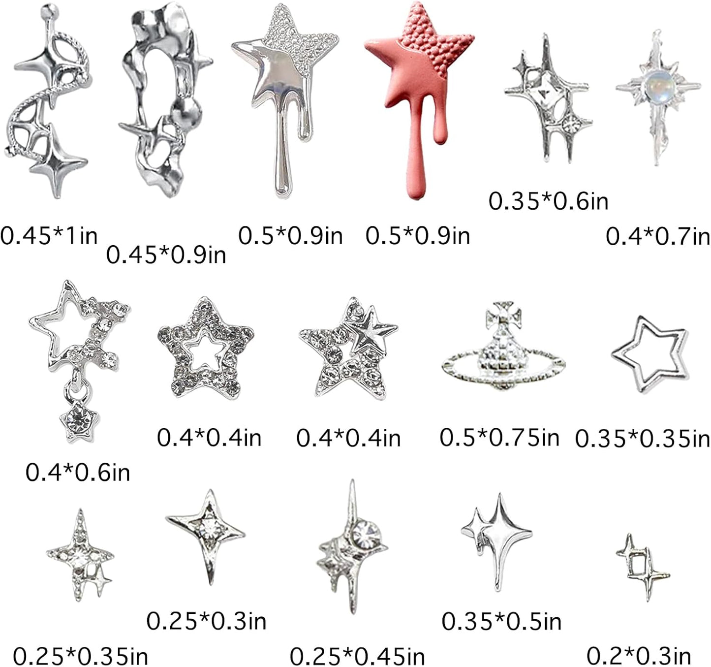 124PCS Star 3D Nail Charms for Acrylic Nails, Silver Nail Gems Alloy Starburst Nail Accessories, Nail Rhinestones for Nail Art Supplies Manicure Craft DIY