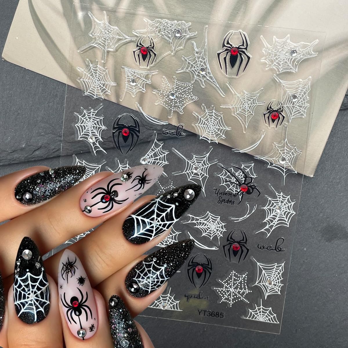 4 Sheets Spider Nail Art Stickers Self Adhesive Halloween Nail Decals Black White Spider Web with 3D Red Gem Rhinestones Designs Nail Sticker Luxury Halloween Nails Decoration for Women Manicure Tip