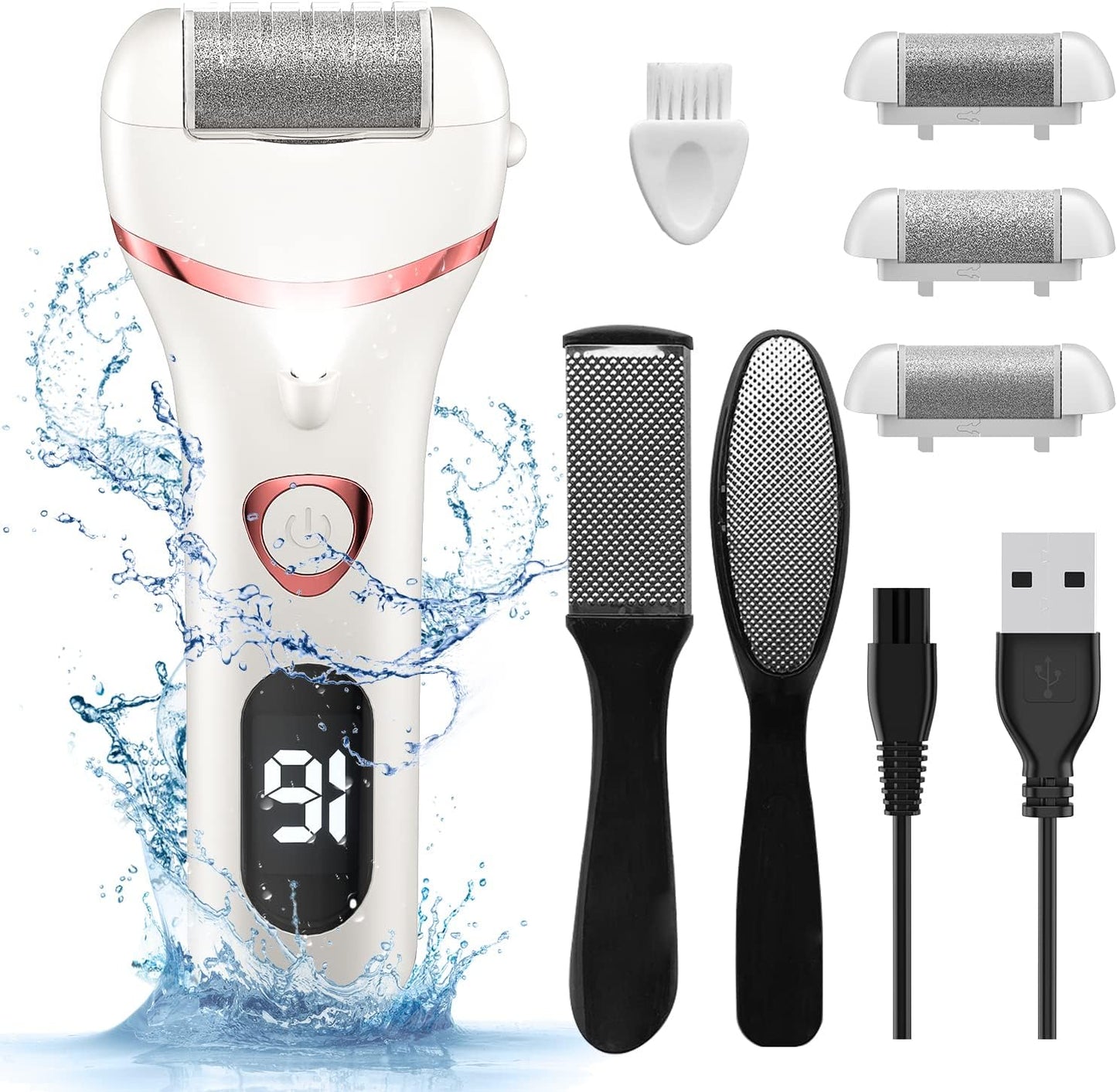 Electric Foot Callus Remover, Rechargeable Portable Electronic Foot File Pedicure Kits, Waterproof Foot Scrubber File, Professional Pedicure Tools, Foot Care for Dead Skin Ideal Gift, 3 Rollers