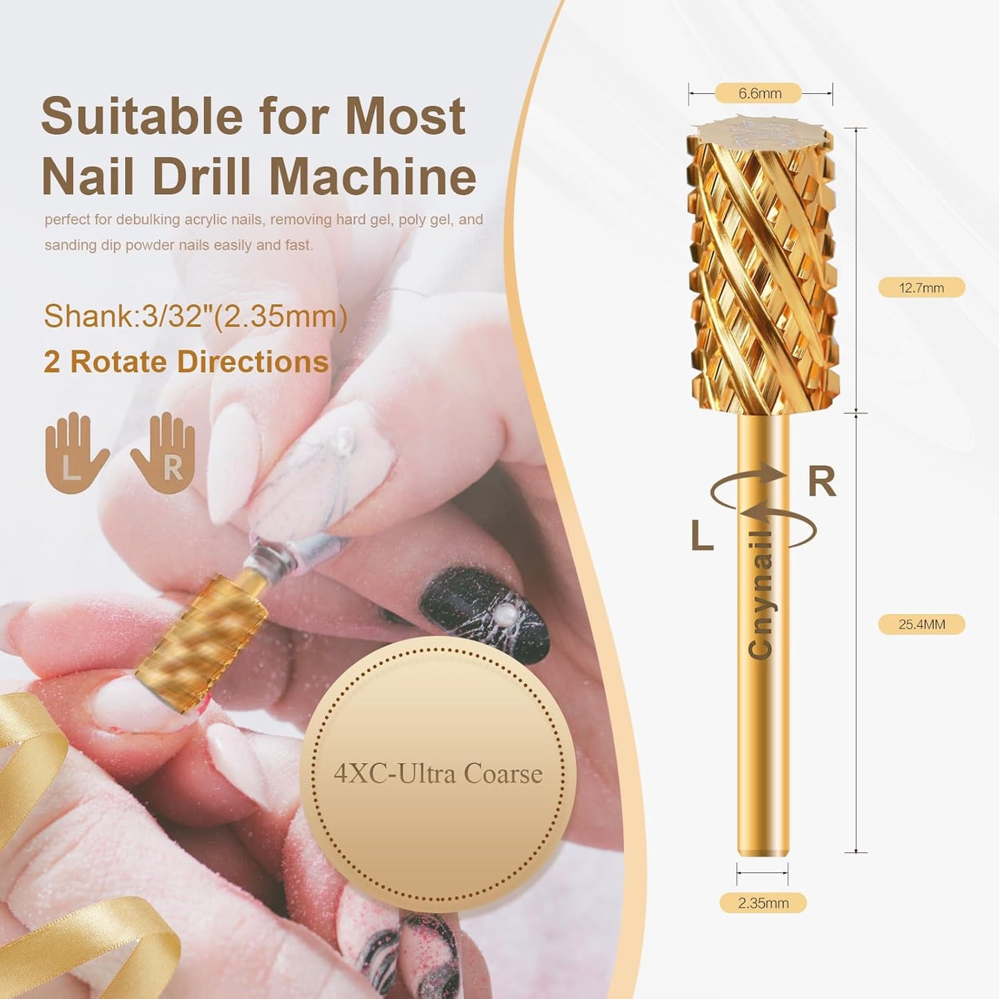 3/32" Large Barrel Flat Top Tungsten Carbide Nail Drill Bit Safety Bit for Gel & Acrylic Removal, 2-Way Rotating Efile Tip, Salon Electric File Accessory (4XC Grit, Gold)