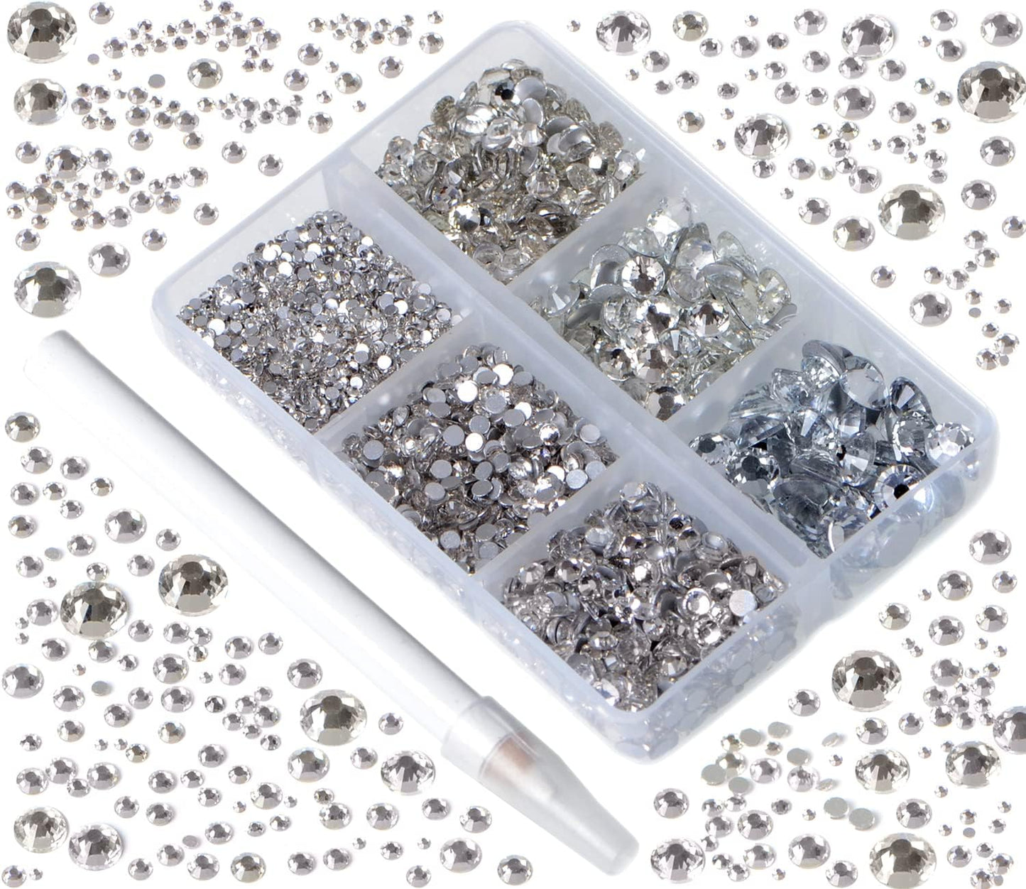 Bymitel 5000 Pieces 6 Mixed Sizes Glue Fix on Glass Rhinestones Round Crystal Gems Flatback for DIY Jewelry Making with one Picking Pen(6-Sizes 5000PCS, Clear Crystal)