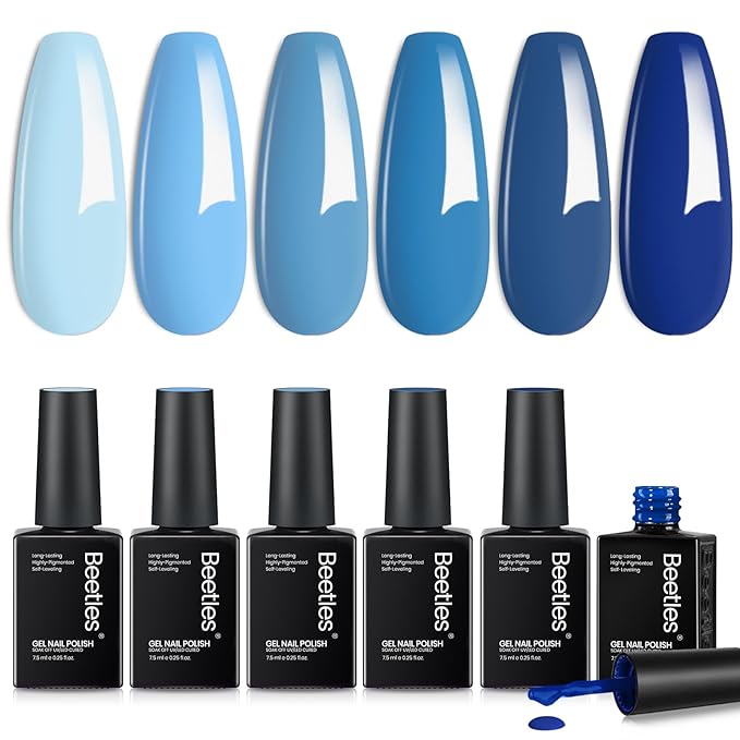 Beetles Blue Gel Polish Set Winter Gel Nail Polish 6 Colors Light Baby Dark Navy Blue Soak off Uv Led Lamp Needed Manicure DIY Home Gifts for Women Ocean Range
