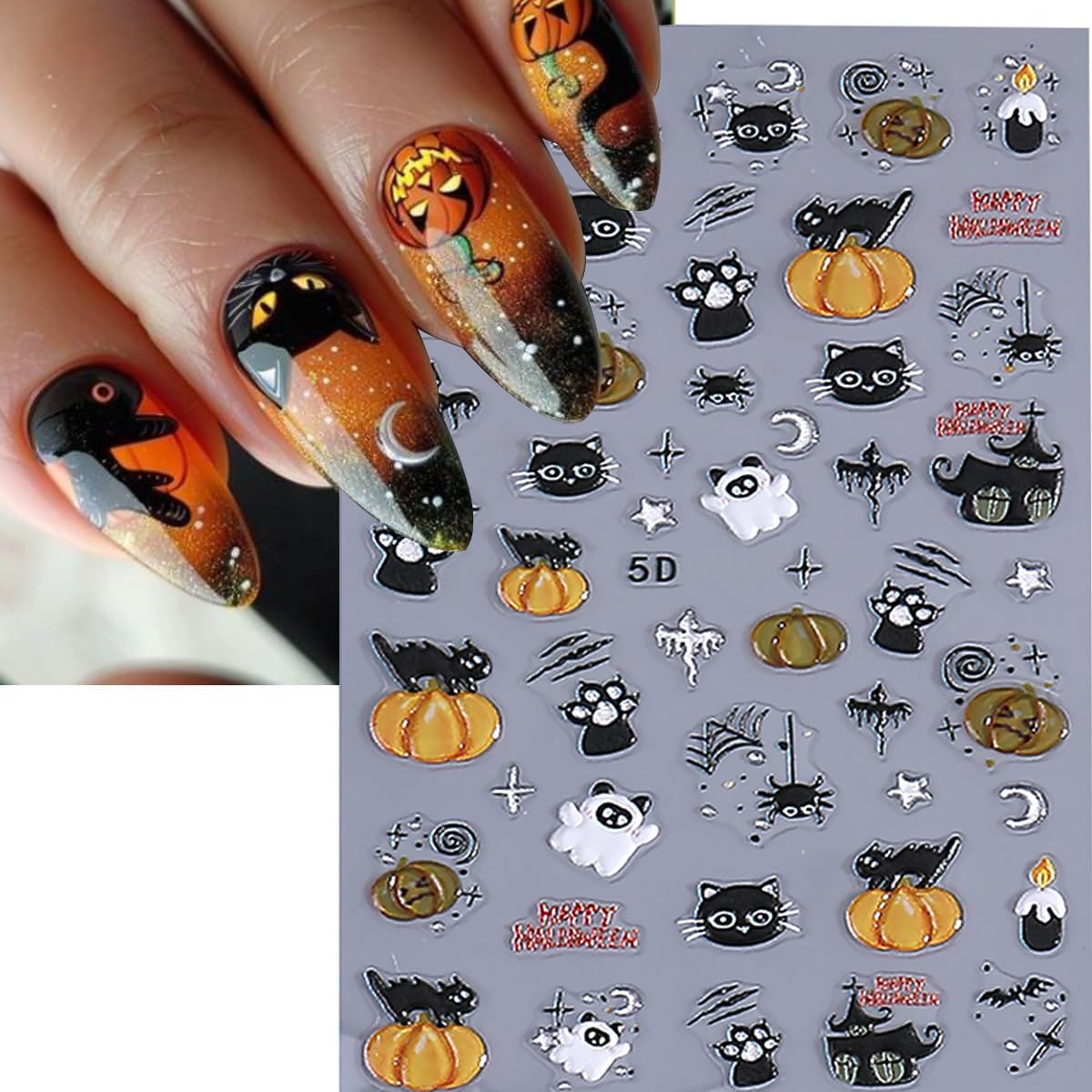 3 Sheets 5D Embossed Halloween Cat Nail Stickers for Nail Art Self Adhesive Cat Cute Ghost Nail Decals Spooky Spider Web Pumpkin Bandage Nail Designs Stickers Holiday Nails Supply for Women Manicure