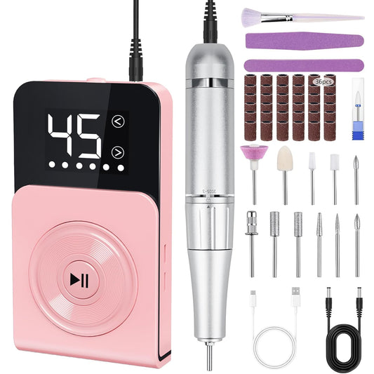 Nail Drill, Professional 45000RPM Electric Nail File with 12 Drill Bits Remover Gel Nail Polish Acrylic Nails Manicure for Salon Home(Pink)