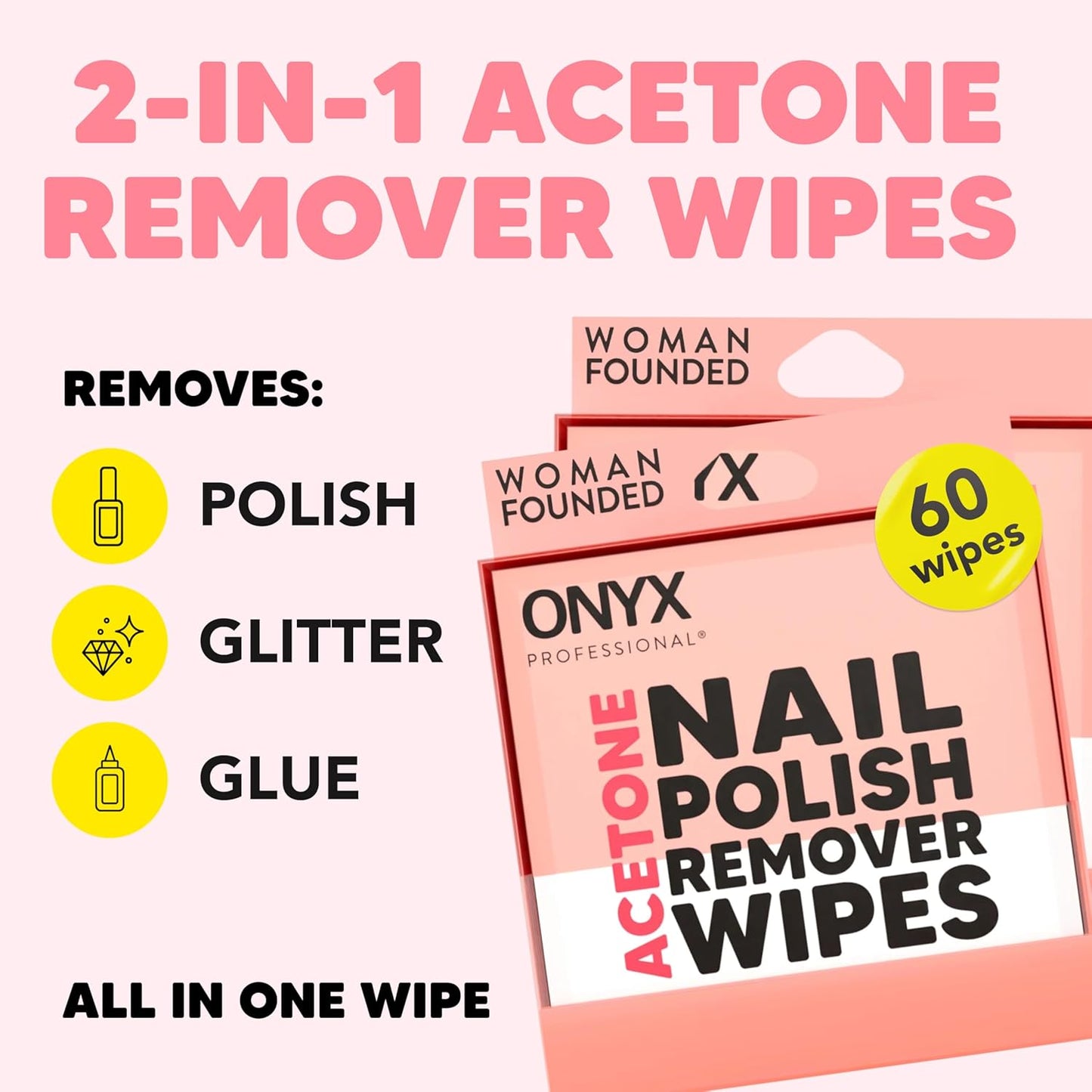 Onyx Professional Nail Polish Remover Pads, 60 Wipes - Acetone Wipes, Individually Wrapped, Fingernail Travel Kit to Clear Nail Polish, Acetone Pads