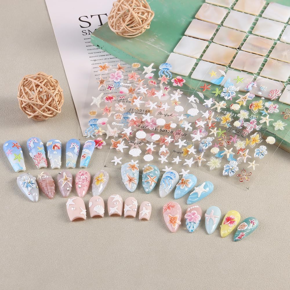 Ocean Life 5D Embossed Nail Art Stickers Decals, 5 Sheets Starfish Seashell Jellyfish Hibiscus Flowers Self Adhesive Nail Decals Summer Sea Theme Nail Supplies for Women Girls DIY Manicure Decor