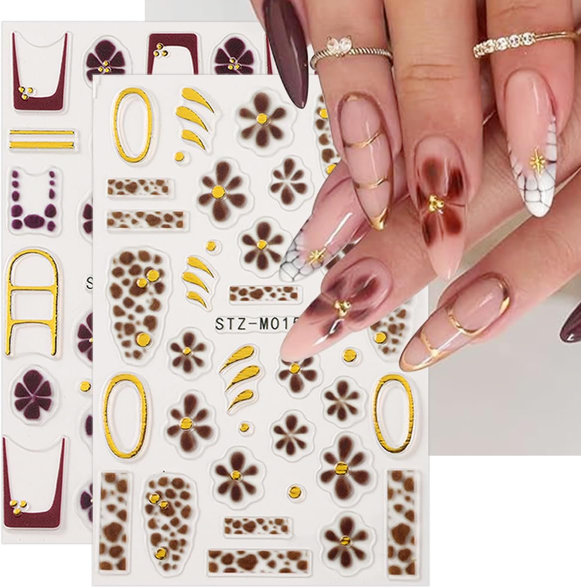 4 Sheet Fall Flower Nail Art Stickers 3D Self-Adhesive French Tip Nail Stickers with Golden Gilding Lines Leopard Print Design Autumn Floral Nail Decals Nail Art Supplies for Women Acrylic Manicure