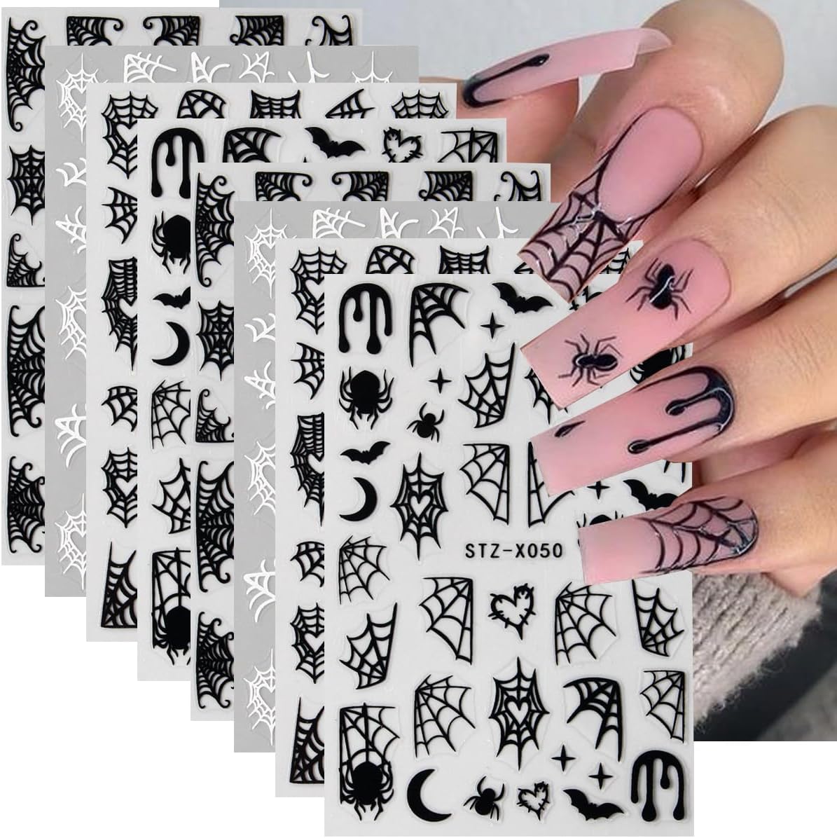 8Sheets Spider Web Nail Stickers, Halloween Decals for Nail Art - Black Stars, Moon, Flame Design - DIY Manicure Charms for Holiday Decoration Accessories