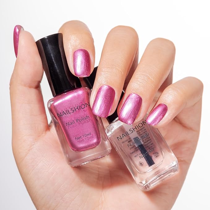 Metallic Purple Rose Nail Polish with Base Top Coat 3-in-1 Clear Fast Air Dry Fingernail Polish Duo, Non-Gel, Nail Strengthener Polishes, Opaque, Glossy Luxury Nail Art Gift for Women Girls