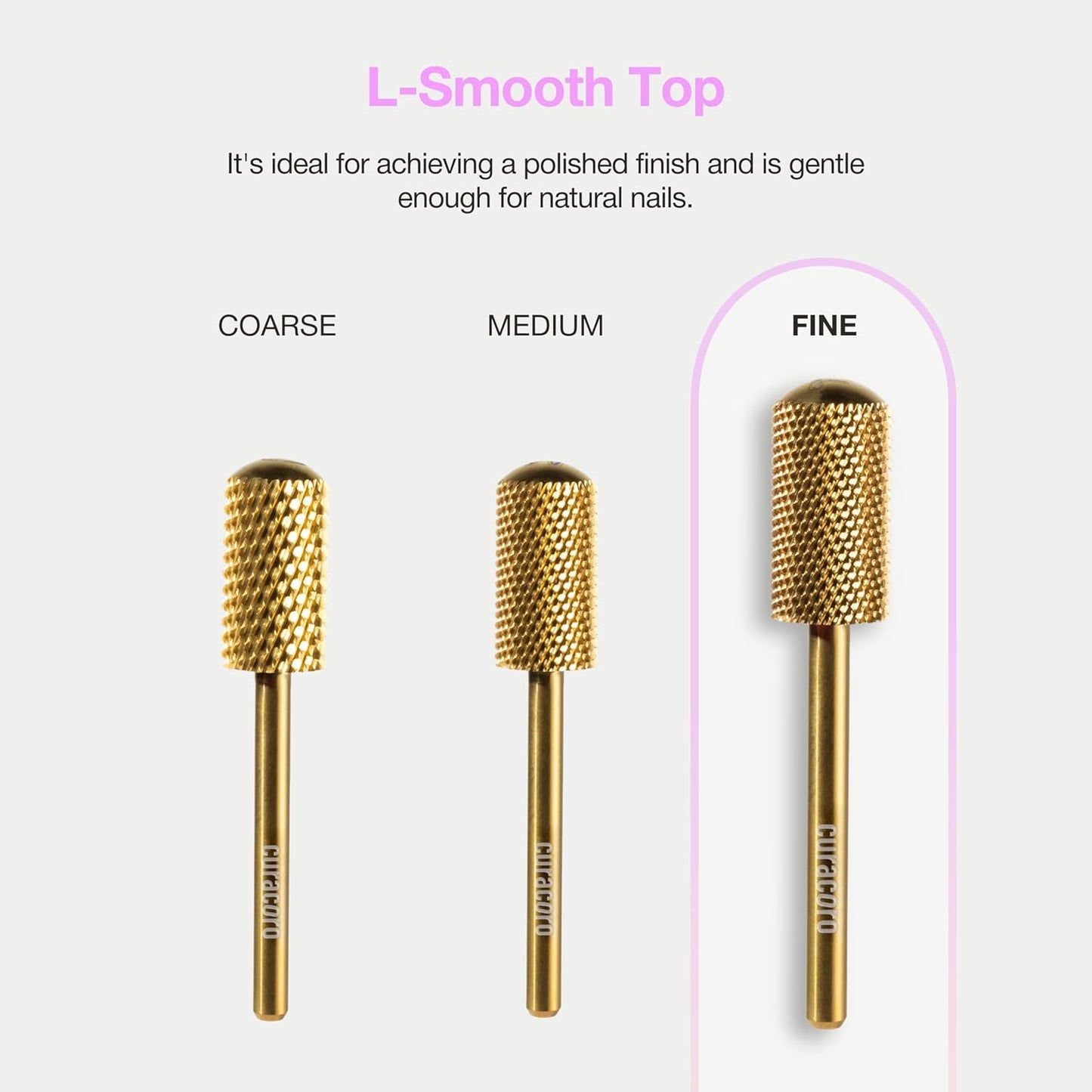 Curacoro Nail Drill Bits 3/32'' - L-Shape Smooth Stop Barrel Carbide Bit (Fine) for Professional Finish, Gently Remove, Buff & Polish Gel Nails, Nail Art Pedicure Manicure Salon & Home