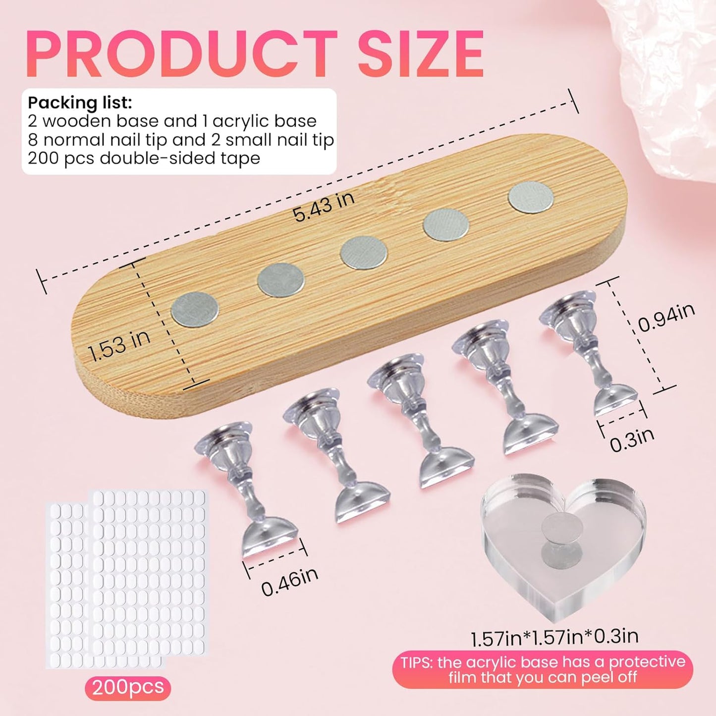 Wooden Stand for Nails Art Display Practice 2 Set, 1 Heart Shaped Acrylic Magnetic Nail Stand, Fake Nail Holder with 200 Pieces Double-sided Tape, For Home DIY Salon Supplies (Wood, Large)