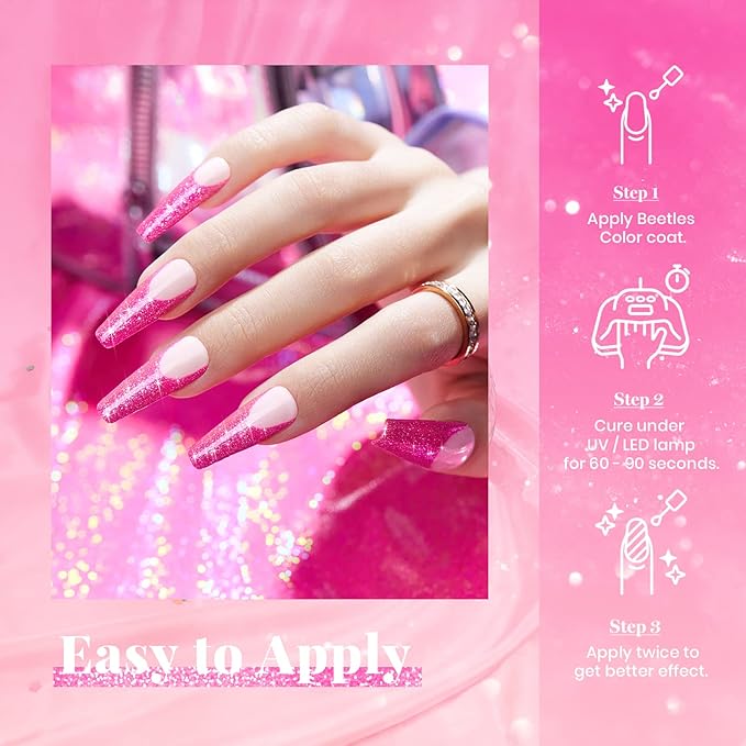 Beetles Glitter Gel Nail Polish - 15ML Hot Pink Reflective Diamond Color Soak Off Sparkle Gel UV Nail Lamp Nail Art Manicure Salon DIY at Home Gifts