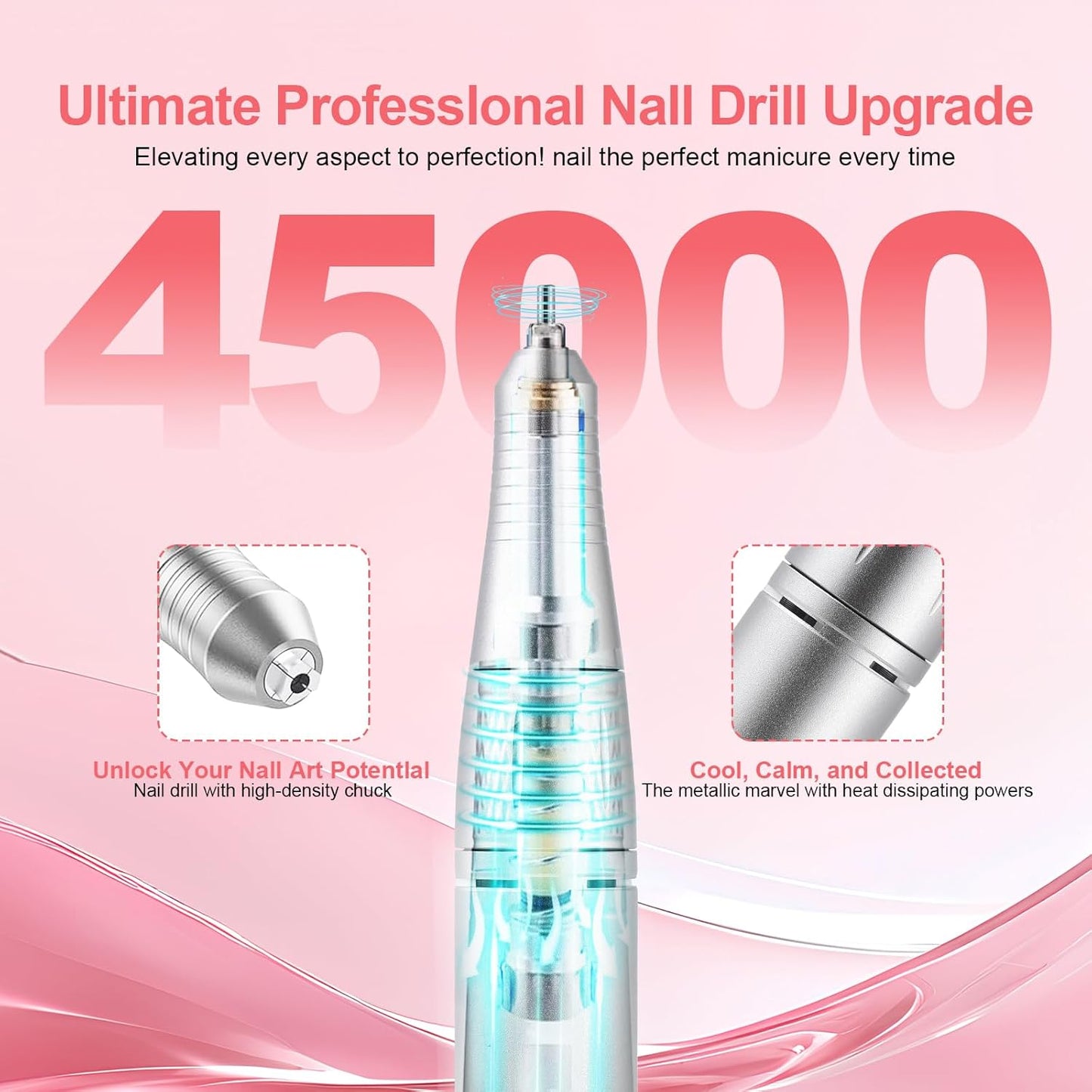 Electric 45000RPM Nail Drill Machine Rechargeable Portable Nail File Electric DIY Nail Drill Kit with Smart LCD Screen for Gel Nail Manicure and Pedicure Reflective Body etc (White)