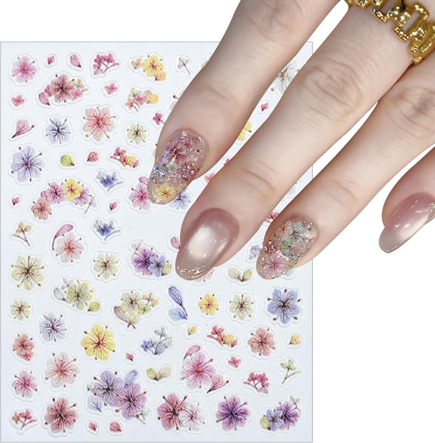 3 Sheets Spring Colored Glitter Flowers Nail Art Stickers 3D Self-Adhesive Gradual Smudge Flowers Pink Dried Flower Pattern Pink Petal Design Nail Decals for Women DIY Nail Art Decorations