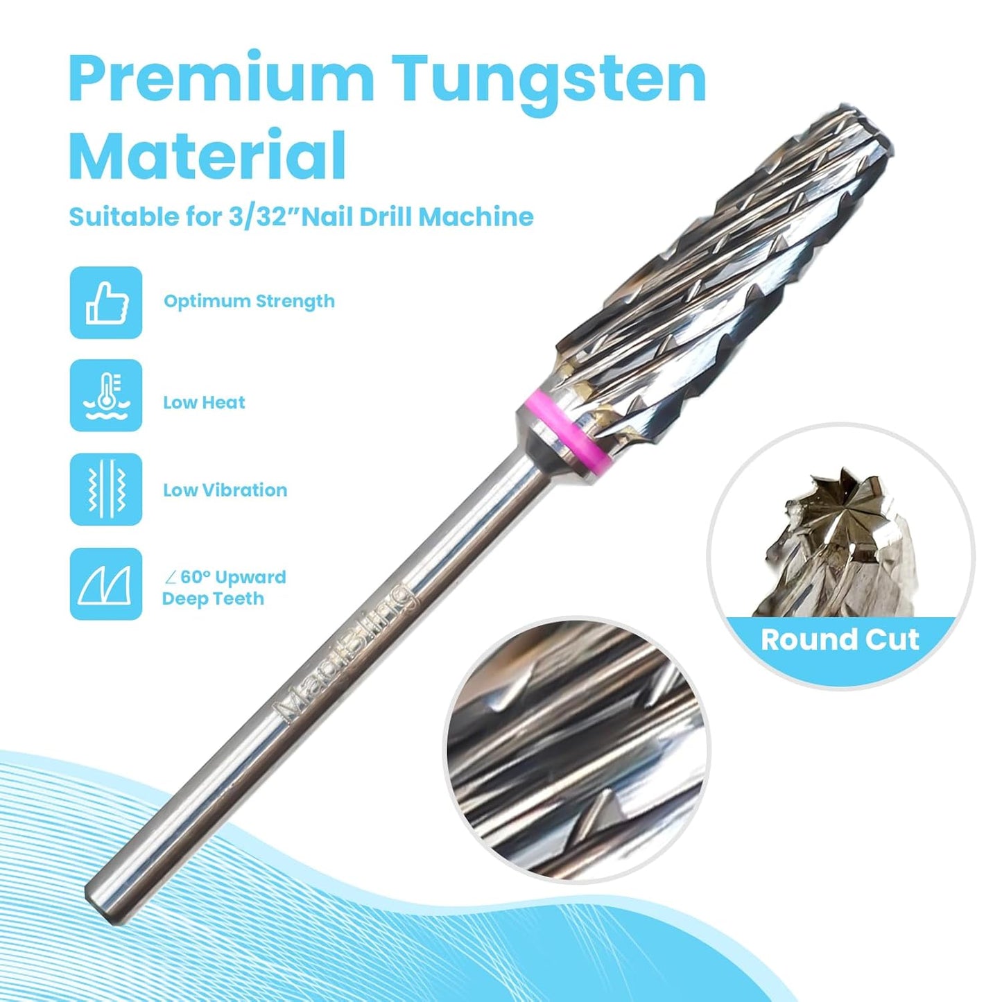 Super Cut 5 In 1 Nail Drill Bits, Tapered Barrel 3/32'' Safety Tungsten Bits, Upward Cut for Hard Gel Removal, Right Hand Use, Manicure Cuticle Gel Polishing, Technicians Bits, Triple Coarse.