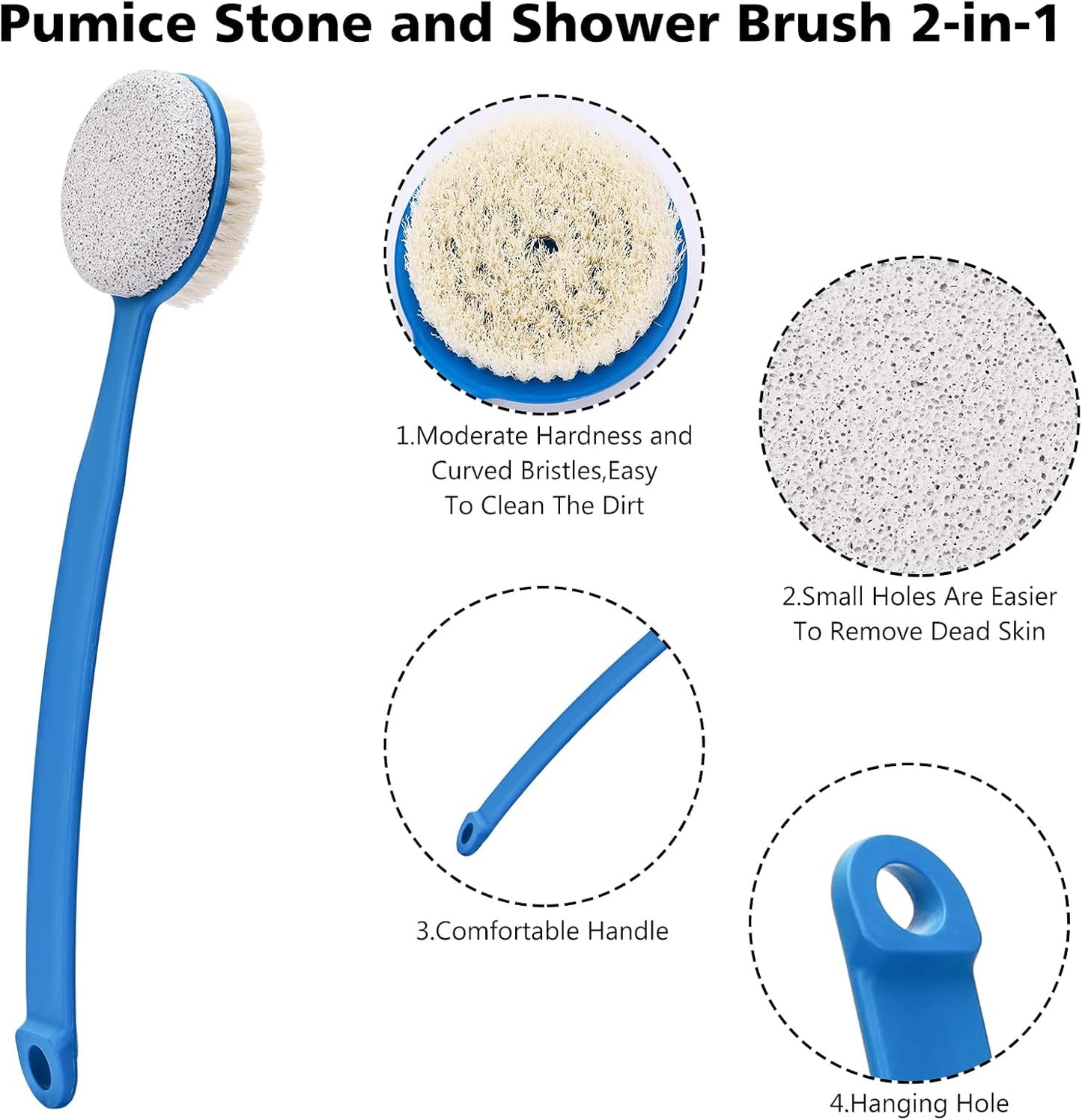 Foot File Callus Remover,Beomeen Pumice Stone for Feet with Long Handle, Hard Skin Callus Remover, 2 in 1 Foot Scrubber, Back Body Brush for Shower Brush Deep Cleansing and Exfoliating (Curved),Blue