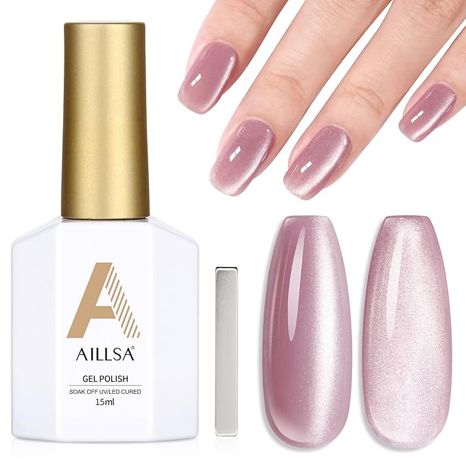 AILLSA Nude Pink Cat Eye Gel Nail Polish Shimmer Glitter Crystal Polish with Magnet, Jelly Purple Sparkle Nail Polish Reflective Translucent Color U V Gel Salon DIY at Home 0.5 OZ GF22