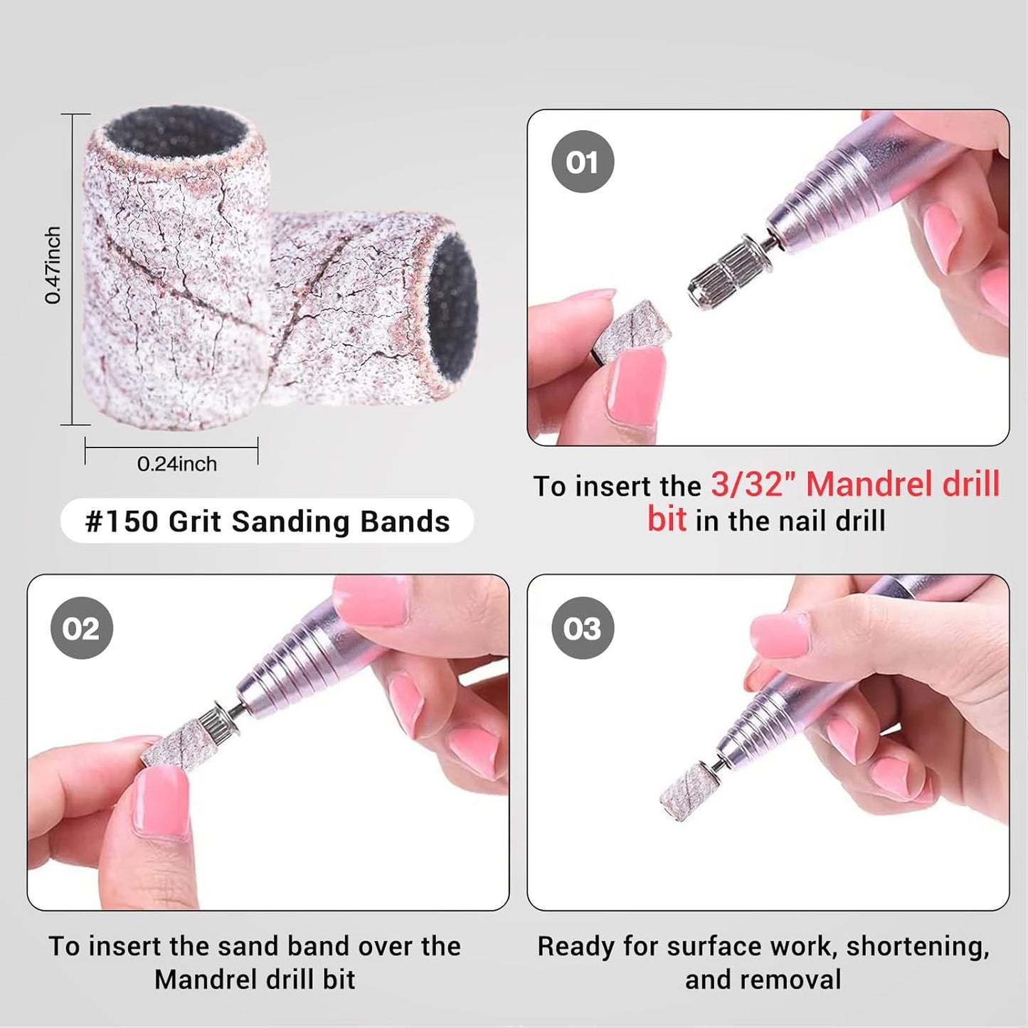 MelodySusie 100 Pcs Nail Drill Bits Sanding Bands for Nail Drill 150 Medium Grit Nail File Sanding Bands for Acrylic Nails Gel Manicures and Pedicure