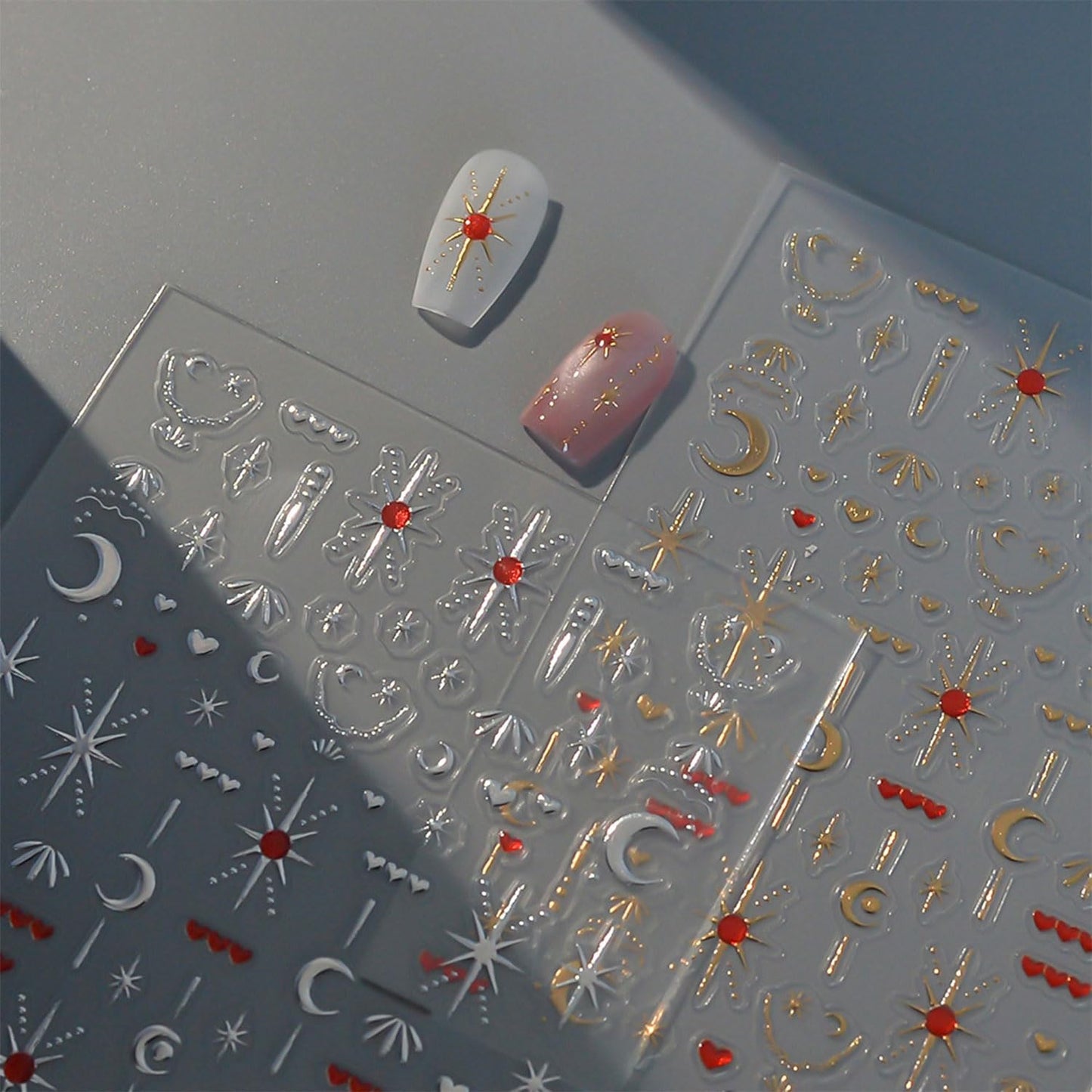 2 Sheets Star Nail Stickers Gold Silver Nail Stickers for Nail Art 5D Self-Adhesive Nail Decals Heart Moon Nails Supplies Decoration Accessories for Women and Girls