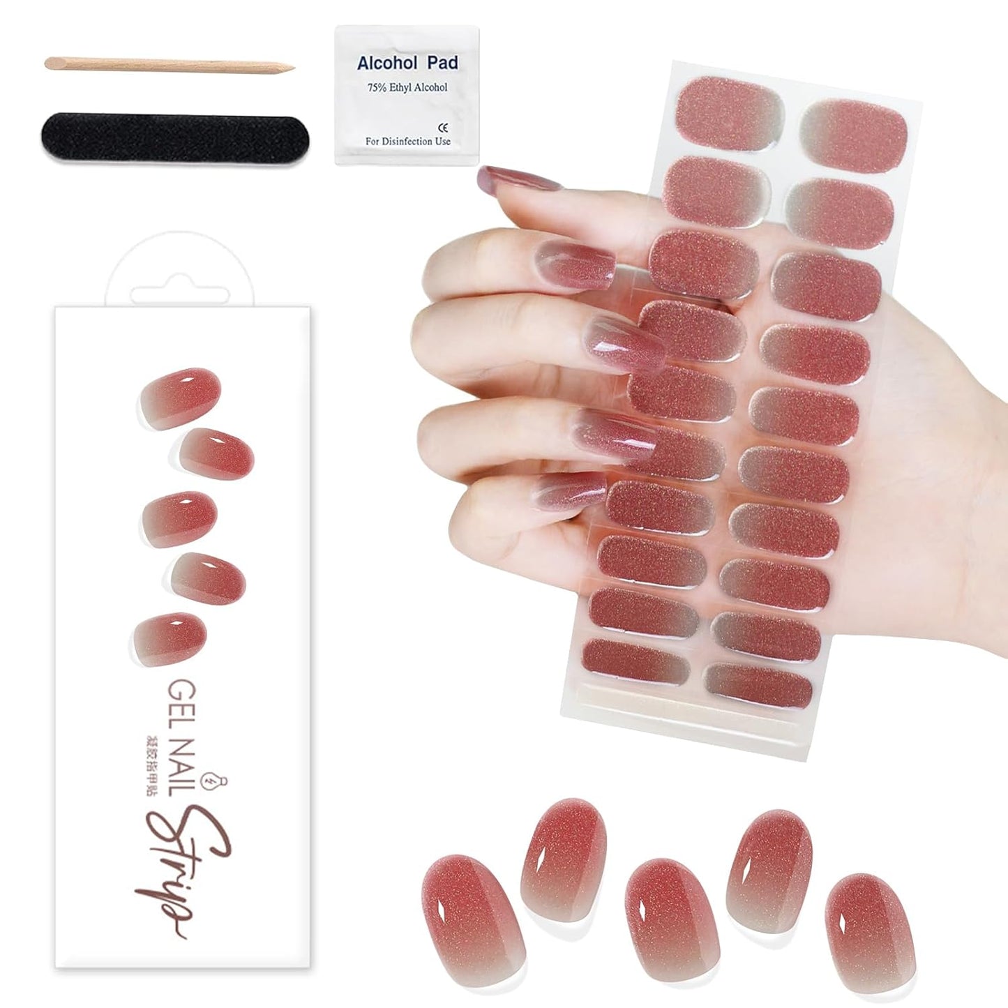 WOKOTO 1 Sheet Semi Cured Gel Nail Strips With Wood Stick, Nail File & Prepared Pads, 20 Tips Pink Gradient Glitter Semi Cured Nail Polish Strips, Harden With UV Light Gel Nail Stickers Wraps