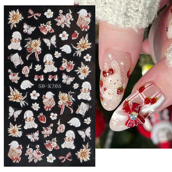 SINSEN Easter Nail Art Stickers Cute Bunny Nail Decals, 3Sheets 5D Embossed Easter Day Nail Art Supplies Cartoon Rabbit Butterfly Flower Nail Stickers for Acrylic Nails Women Easter Nail Decorations