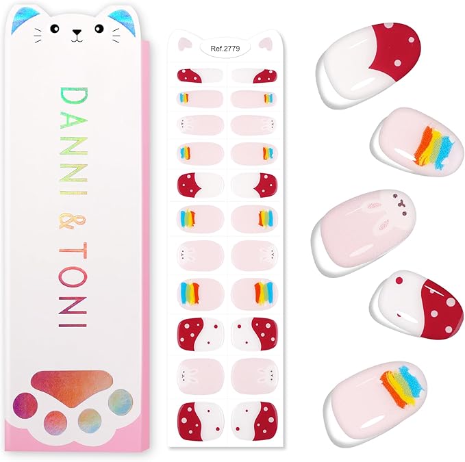 DANNI & TONI Kids Gel Nail Strips Rainbow Rabbit Salon-Quality Peel & Stick Manicure for Children (Age 6+)– Safe, Long-Lasting, Easy to Apply |Rainbow Pop