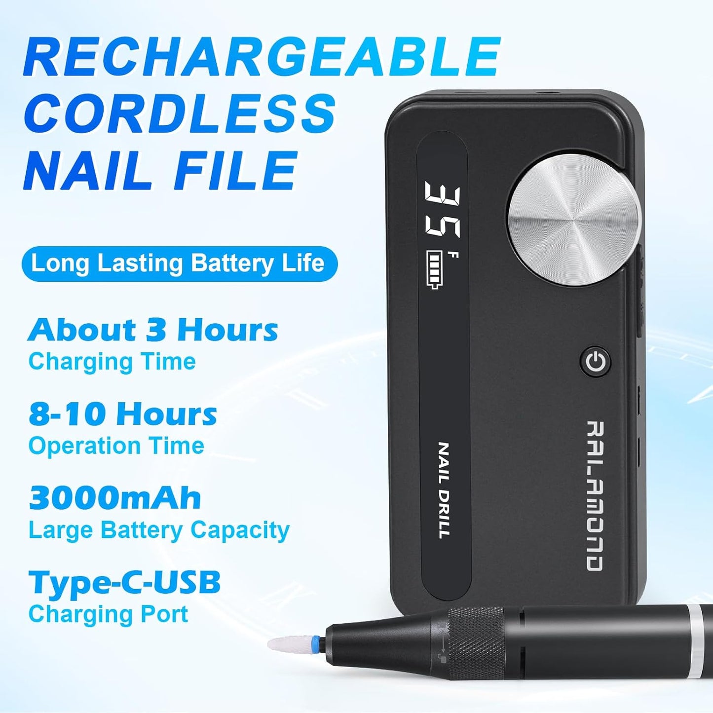 35000RPM Nail Filer Electric Nail Drill, Professional Cordless Machine, Portable Rechargeable Nail Drill, Drill Nails Tool for Manicure Pedicure Salon and Home Use (Black)