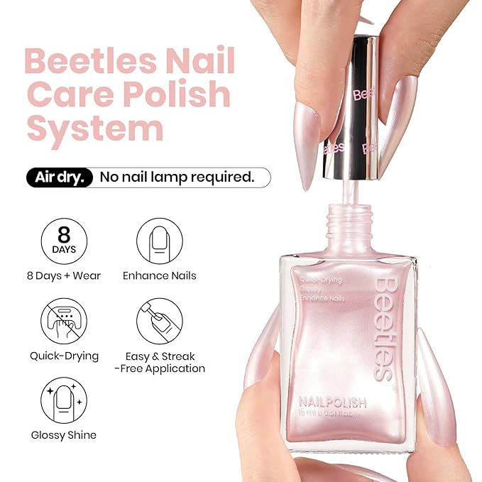 Beetles Pink Pearl Nail Polish 15ML Quick Dry Pink Rose Nude Nail Polish Long Lasting Nail Lacquer Shimmer Art Effect Pearl Romance Collection Nail Salon DIY Manicure Gifts for Her