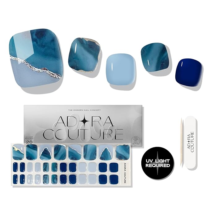 Semi Cured Gel Nail Strips - 32 pcs Gel Pedicure Stickers, Easy to Apply & Remove Toenail Stickers, Salon Quality at Home & Long Lasting - UV Nail Lamp Required - Blue Ocean P