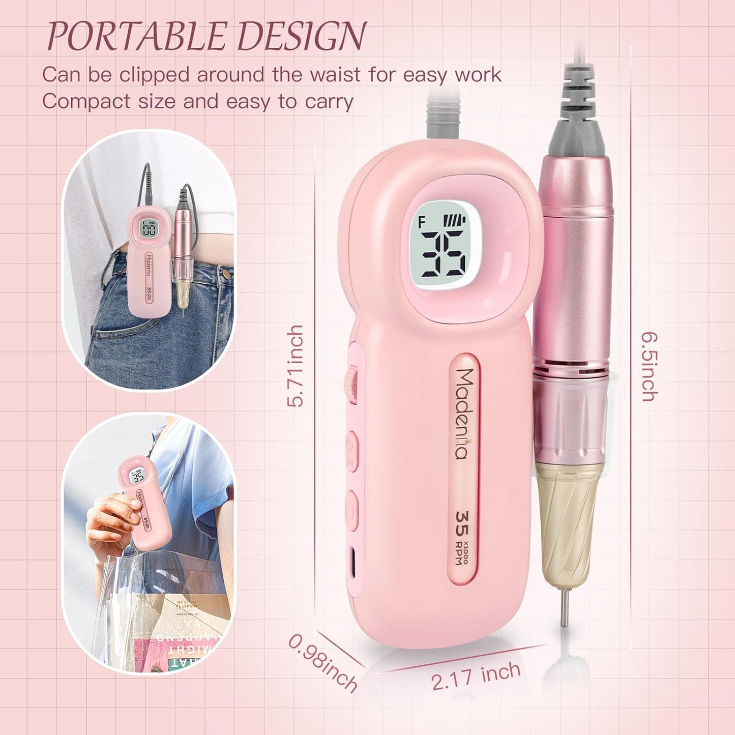 Madenia Portable Rechargeable Nail Drill Machine with LCD Screen, Professional Electric Nail File Efile for Acrylic Gel Nails Polishing Removing, Suitable for Salon Home Travel Manicure Use, Pink